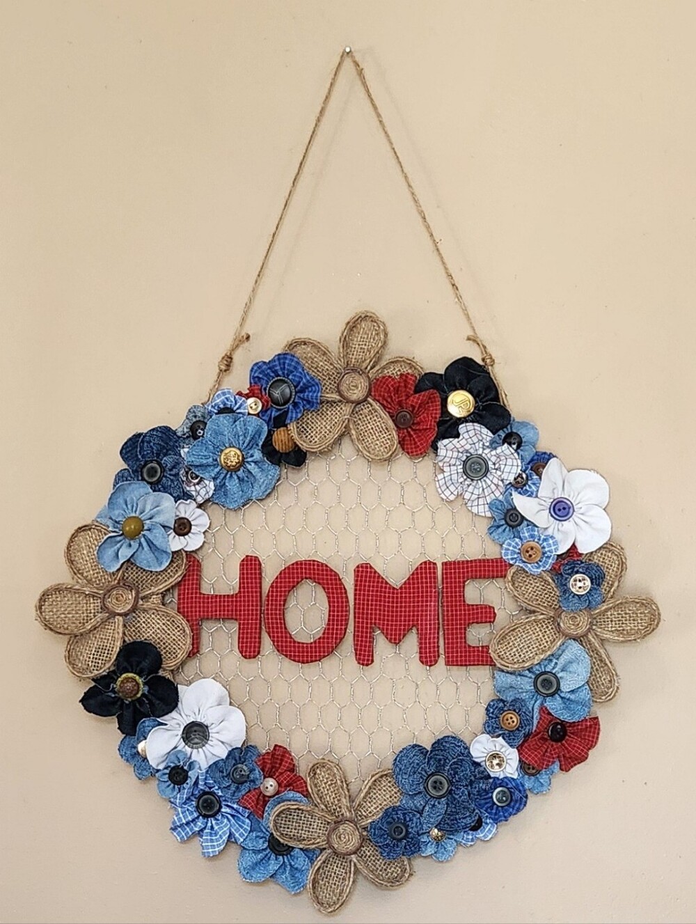 Handmade HOME Floral Wreath Wall Hanging - Made With Upcycled Items